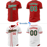 Custom Red Kelly Green-White Reversible Button-Down Baseball Jersey