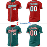 Custom Red White-Teal Reversible Button-Down Baseball Jersey