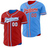 Custom Red White-Electric Blue Reversible Button-Down Baseball Jersey