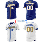 Custom Royal White-Old Gold Reversible Button-Down Baseball Jersey