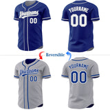 Custom Royal White-Gray Reversible Button-Down Baseball Jersey