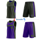 Custom Black Neon Green Pinstripe-Purple Side Panels Reversible Double Side Sublimation Basketball Set Jersey