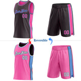 Custom Black Pink Pinstripe-Light Blue Side Panels Reversible Double Side Sublimation Basketball Set Jersey