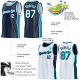 Custom Navy Teal Pinstripe-White Side Panels Reversible Double Side Sublimation Basketball Set Jersey