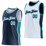Custom Navy Teal Pinstripe-White Side Panels Reversible Double Side Sublimation Basketball Set Jersey