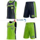 Custom Navy Neon Green Pinstripe-White Side Panels Reversible Double Side Sublimation Basketball Set Jersey