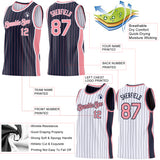 Custom Navy Medium Pink Pinstripe-White Side Panels Reversible Double Side Sublimation Basketball Set Jersey