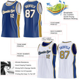 Custom Royal Old Gold Pinstripe-White Side Panels Reversible Double Side Sublimation Basketball Set Jersey