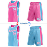 Custom Pink White Pinstripe-Sky Blue Side Panels Reversible Double Side Sublimation Basketball Set Jersey