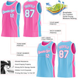 Custom Pink White Pinstripe-Sky Blue Side Panels Reversible Double Side Sublimation Basketball Set Jersey