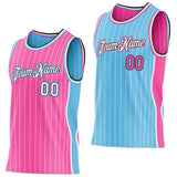 Custom Pink White Pinstripe Black-Sky Blue Side Panels Reversible Double Side Sublimation Basketball Set Jersey