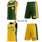 Custom Green Gold Pinstripe-White Side Panels Reversible Double Side Sublimation Basketball Set Jersey