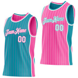 Custom Teal Pink Pinstripe-White Side Panels Reversible Double Side Sublimation Basketball Set Jersey