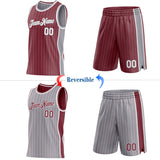 Custom Burgundy Gray Pinstripe-White Side Panels Reversible Double Side Sublimation Basketball Set Jersey