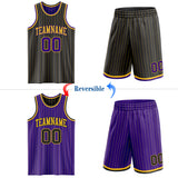 Custom Black Gold Pinstripe-Purple Reversible Double Side Sublimation Basketball Set Jersey