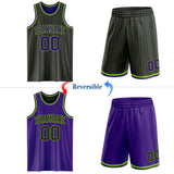 Custom Black Neon Green Pinstripe-Purple Reversible Double Side Sublimation Basketball Set Jersey