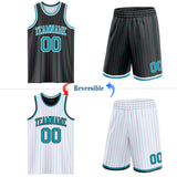 Custom Black Teal Pinstripe-White Reversible Double Side Sublimation Basketball Set Jersey