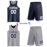Custom Navy Gray Pinstripe-White Reversible Double Side Sublimation Basketball Set Jersey