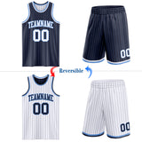 Custom Navy Light Blue Pinstripe-White Reversible Double Side Sublimation Basketball Set Jersey