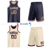 Custom Navy Cream Pinstripe Vintage USA Flag-Maroon Reversible Double Side Sublimation Basketball Set Jersey