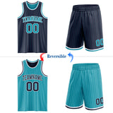 Custom Navy Teal Pinstripe-White Reversible Double Side Sublimation Basketball Set Jersey