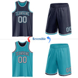 Custom Navy Gray Pinstripe-Teal Reversible Double Side Sublimation Basketball Set Jersey