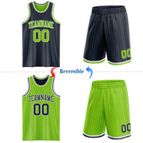 Custom Navy Neon Green Pinstripe-White Reversible Double Side Sublimation Basketball Set Jersey