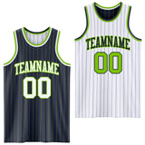 Custom Navy Neon Green Pinstripe-White Reversible Double Side Sublimation Basketball Set Jersey