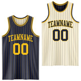 Custom Navy Gold & Cream Navy Pinstripe Reversible Double Side Sublimation Basketball Set Jersey
