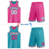 Custom Pink White Pinstripe Black-Teal Reversible Double Side Sublimation Basketball Set Jersey