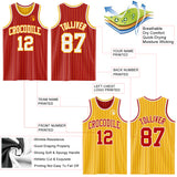 Custom Red Gold Pinstripe-White Reversible Double Side Sublimation Basketball Set Jersey