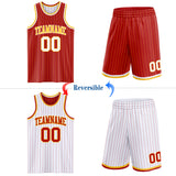 Custom Red Gold Pinstripe-White Reversible Double Side Sublimation Basketball Set Jersey