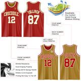 Custom Red Old Gold Pinstripe-White Reversible Double Side Sublimation Basketball Set Jersey