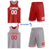 Custom Red Gray Pinstripe-White Reversible Double Side Sublimation Basketball Set Jersey