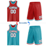 Custom Red White Pinstripe-Teal Reversible Double Side Sublimation Basketball Set Jersey