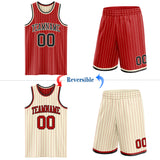 Custom Red Cream Pinstripe-Black Reversible Double Side Sublimation Basketball Set Jersey