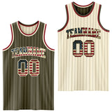 Custom Olive Cream Pinstripe Vintage USA Flag-Maroon Reversible Double Side Sublimation Basketball Set Jersey