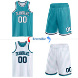 Custom Teal Navy Pinstripe-White Reversible Double Side Sublimation Basketball Set Jersey