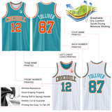 Custom Teal Orange Pinstripe-White Reversible Double Side Sublimation Basketball Set Jersey