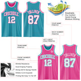 Custom Teal Pink Pinstripe-White Reversible Double Side Sublimation Basketball Set Jersey