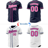 Custom Navy Pink-White Reversible Button-Down Baseball Jersey