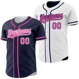 Custom Navy Pink-White Reversible Button-Down Baseball Jersey