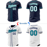 Custom Navy White-Teal Reversible Button-Down Baseball Jersey