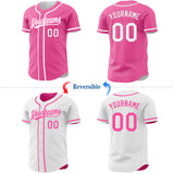 Custom Pink-White Reversible Button-Down Baseball Jersey