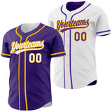 Custom Purple White-Gold Reversible Button-Down Baseball Jersey