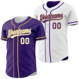 Custom Purple White-Old Gold Reversible Button-Down Baseball Jersey