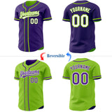 Custom Purple White-Neon Green Reversible Button-Down Baseball Jersey