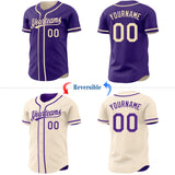 Custom Purple-Cream Reversible Button-Down Baseball Jersey
