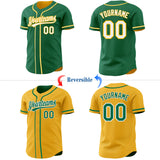 Custom Kelly Green White-Gold Reversible Button-Down Baseball Jersey