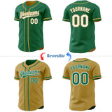 Custom Kelly Green White-Old Gold Reversible Button-Down Baseball Jersey